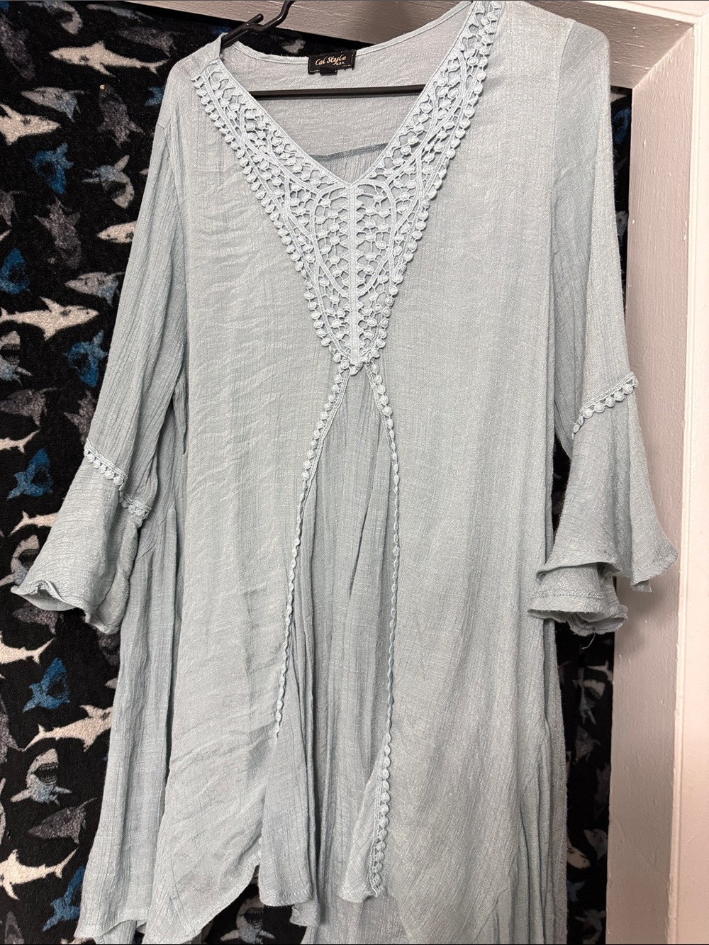 Cal Style Pale Blue Crochet-Trim Boho Tunic